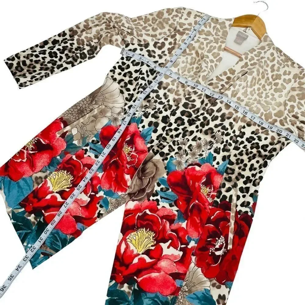 Chico’s suedes draped jacket leopard floral print beige and red size medium